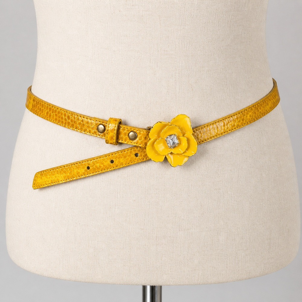 B-Low the Belt Skinny Leather Yellow Flower Metal Rhinestone Buckle Size Large